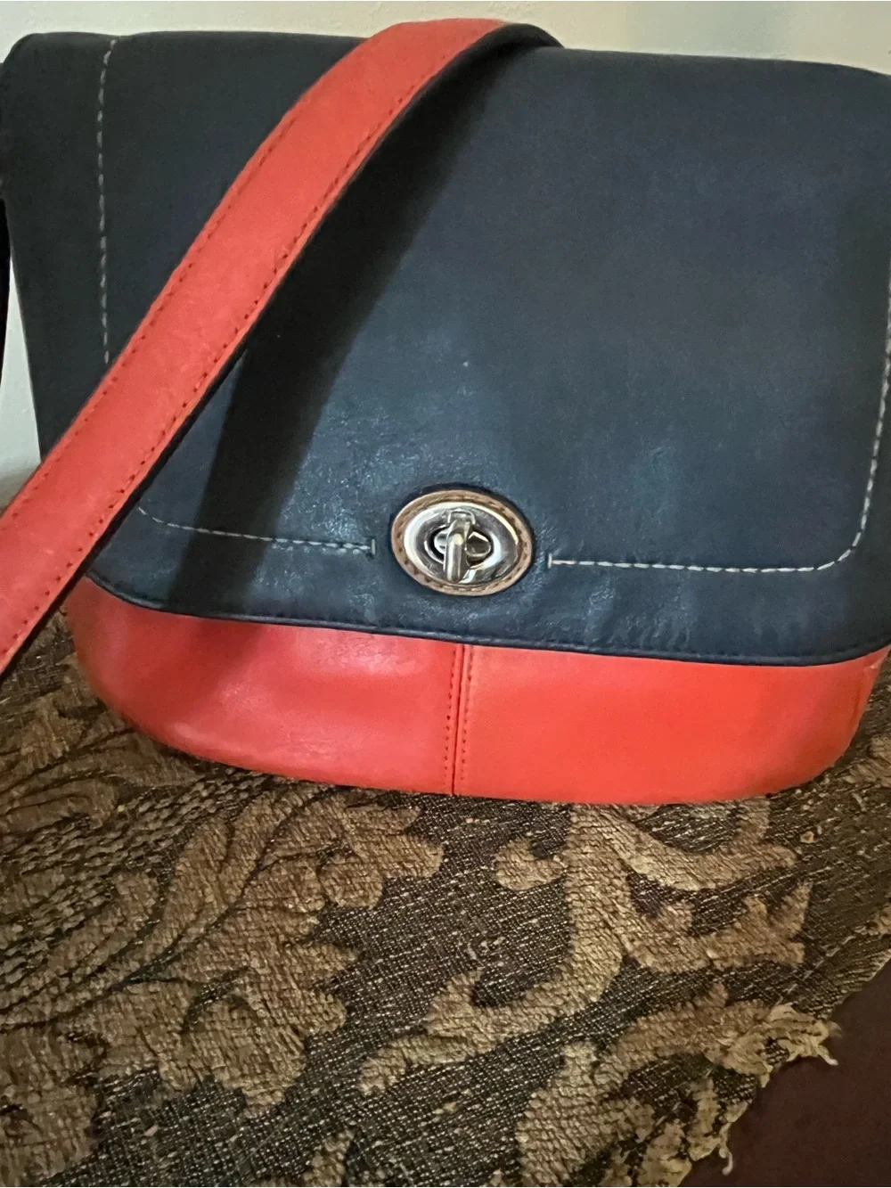 Vintage Coach Colorblock Navy and Coral Crossbody with Tan Sides